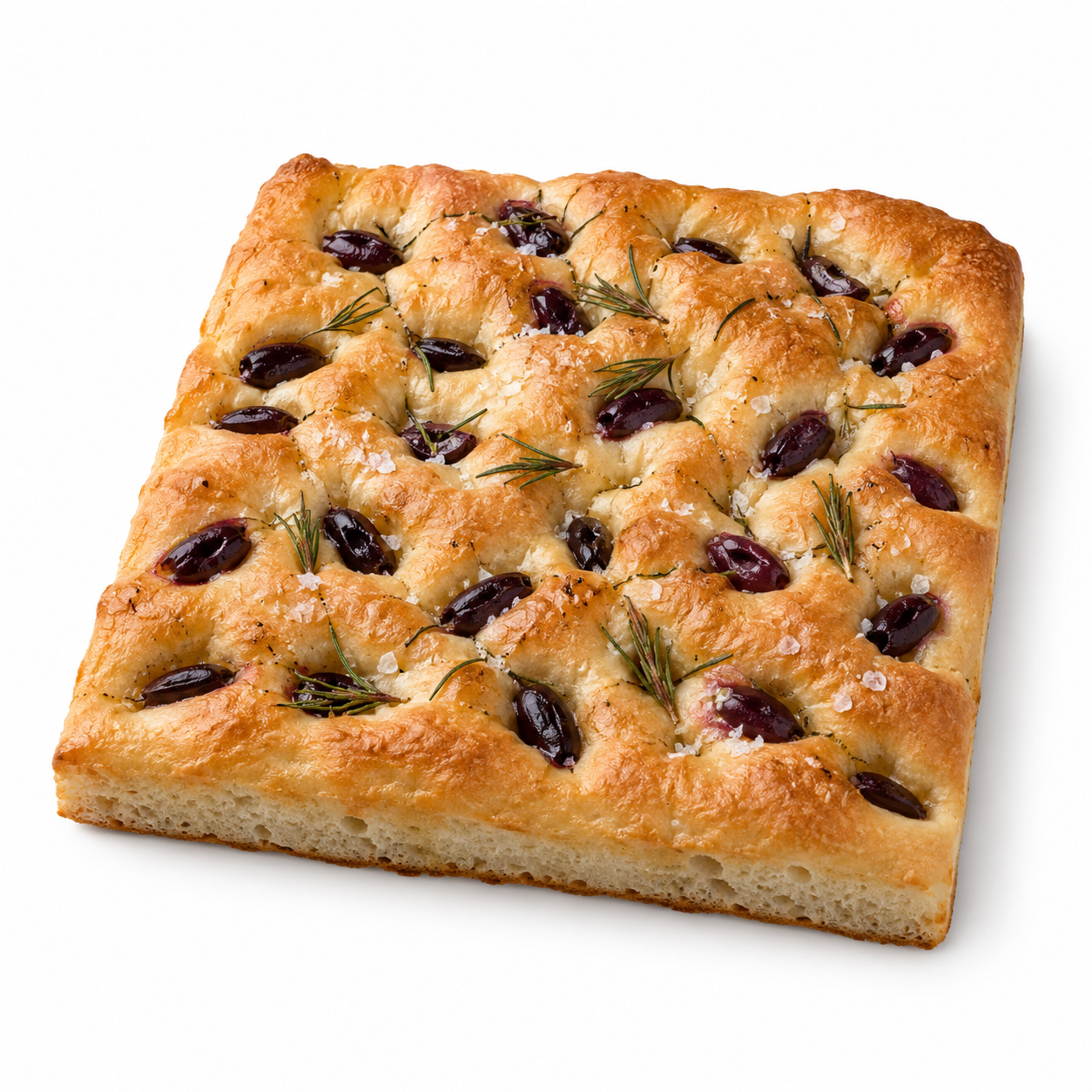 Focaccia au levain, olives Kalamata et romarin